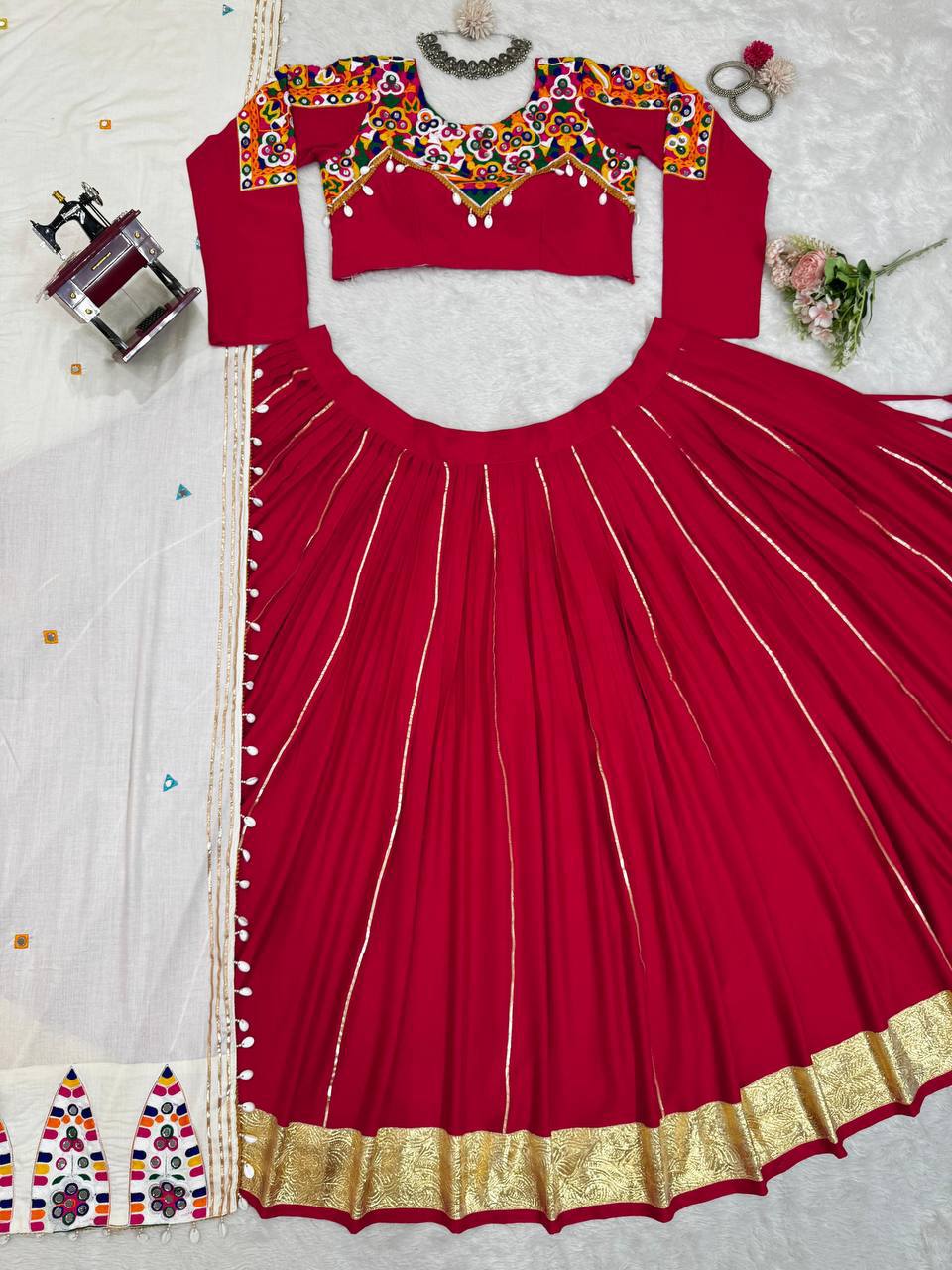 Royal Crimson Embroidered Lehenga Choli with Printed Dupatta