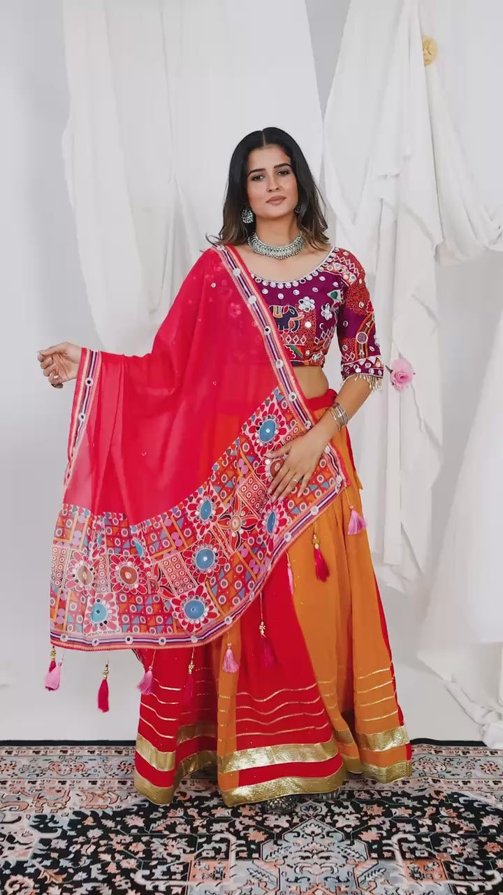 Women’s Orange Printed Lehenga Choli with Designer Dupatta
