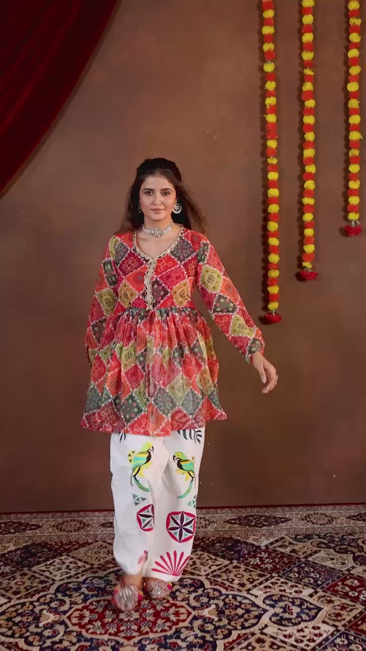 Women Red Printed Flared Kurta with Embroidered Palazzo Set